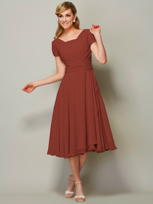 Sheath/Column Bateau Short Sleeves Ruffles Short Chiffon Tea-Length Bridesmaid Dresses 2873