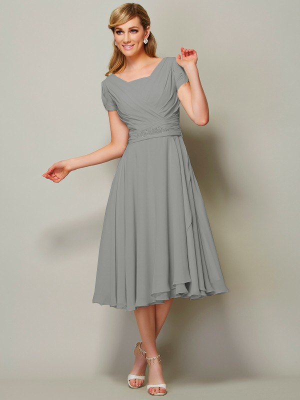 Sheath/Column Bateau Short Sleeves Ruffles Short Chiffon Tea-Length Bridesmaid Dresses 2873