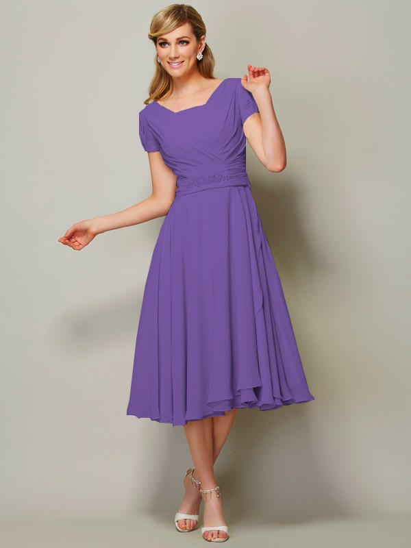 Sheath/Column Bateau Short Sleeves Ruffles Short Chiffon Tea-Length Bridesmaid Dresses 2873