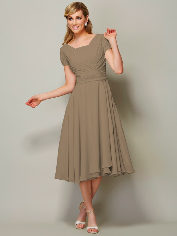 Sheath/Column Bateau Short Sleeves Ruffles Short Chiffon Tea-Length Bridesmaid Dresses 2873