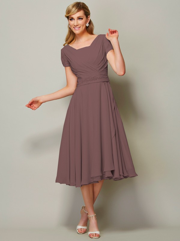 Sheath/Column Bateau Short Sleeves Ruffles Short Chiffon Tea-Length Bridesmaid Dresses 2873