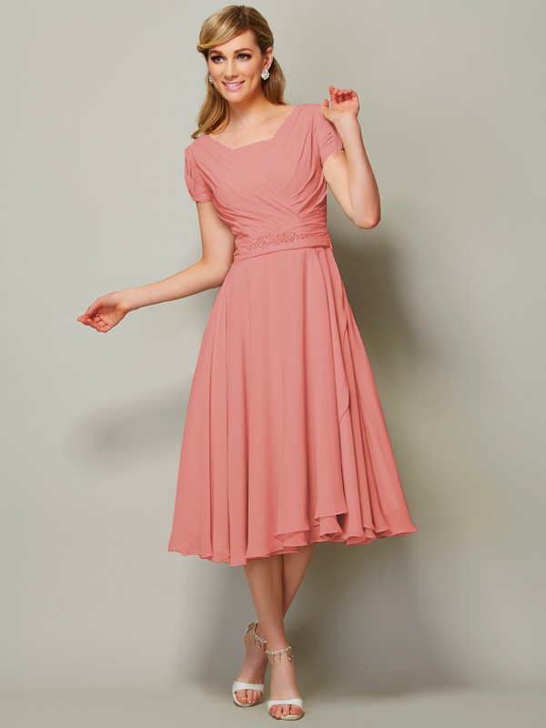 Sheath/Column Bateau Short Sleeves Ruffles Short Chiffon Tea-Length Bridesmaid Dresses 2873