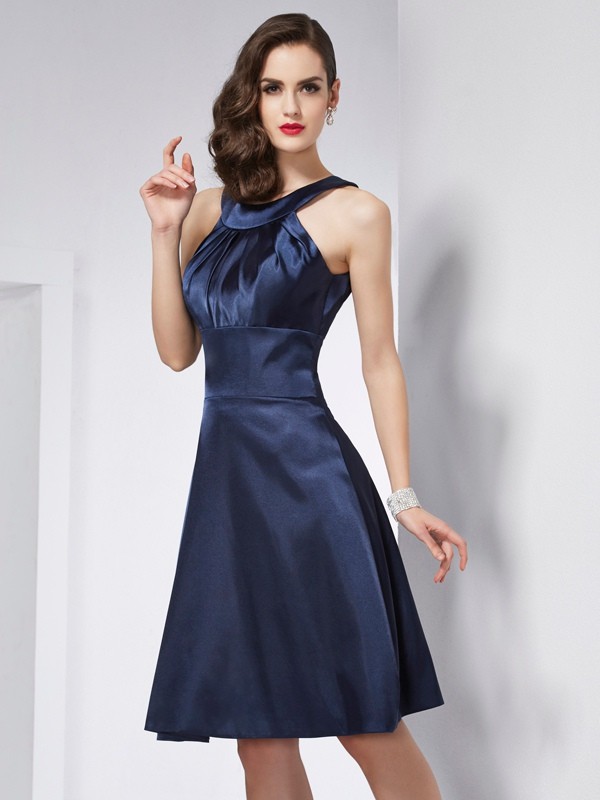 A-Line/Princess Scoop Sleeveless Pleats Short Elastic Woven Satin Bridesmaid Dresses 2459