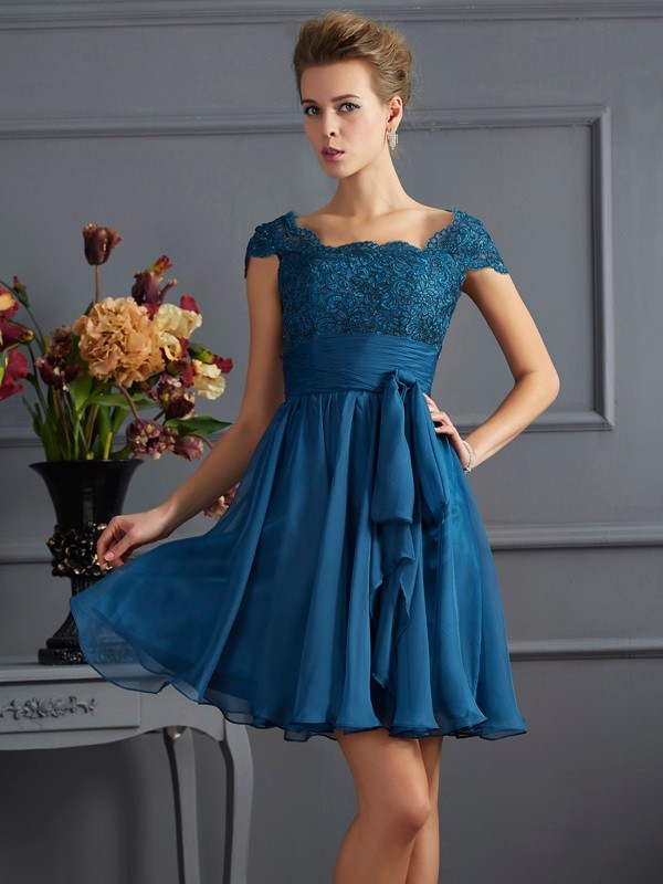 A-Line/Princess Scoop Short Sleeves Lace Short Chiffon Bridesmaid Dresses 2451