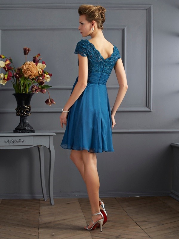 A-Line/Princess Scoop Short Sleeves Lace Short Chiffon Bridesmaid Dresses 2451