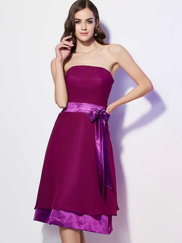 A-Line/Princess Strapless Sleeveless Bowknot Short Chiffon Bridesmaid Dresses 2594