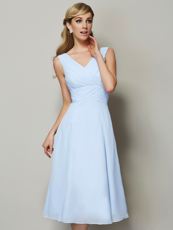 A-Line/Princess V-neck Sleeveless Pleats Short Chiffon Bridesmaid Dresses 2846