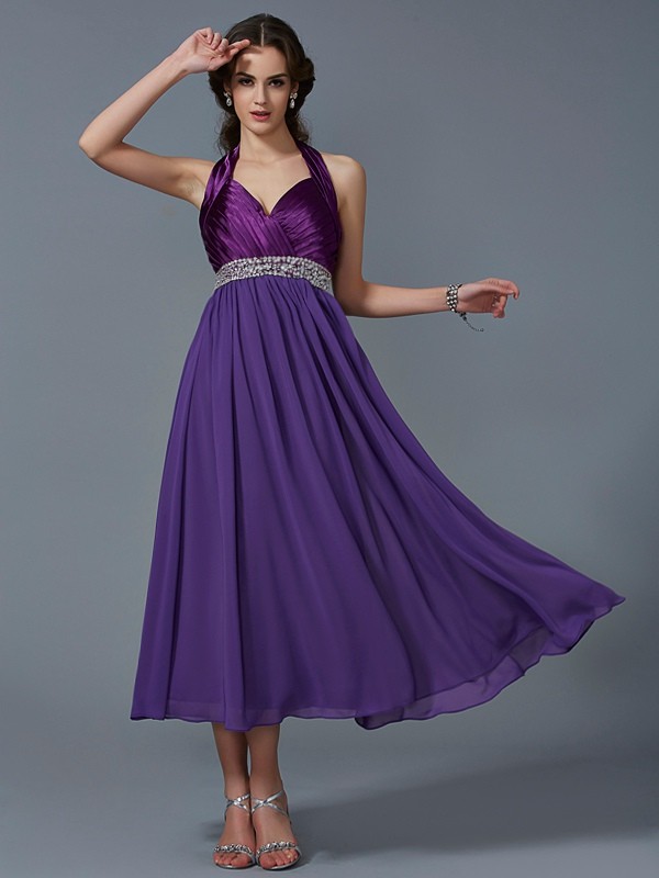 A-Line/Princess Halter Sleeveless Beading Long Chiffon Bridesmaid Dresses 2280