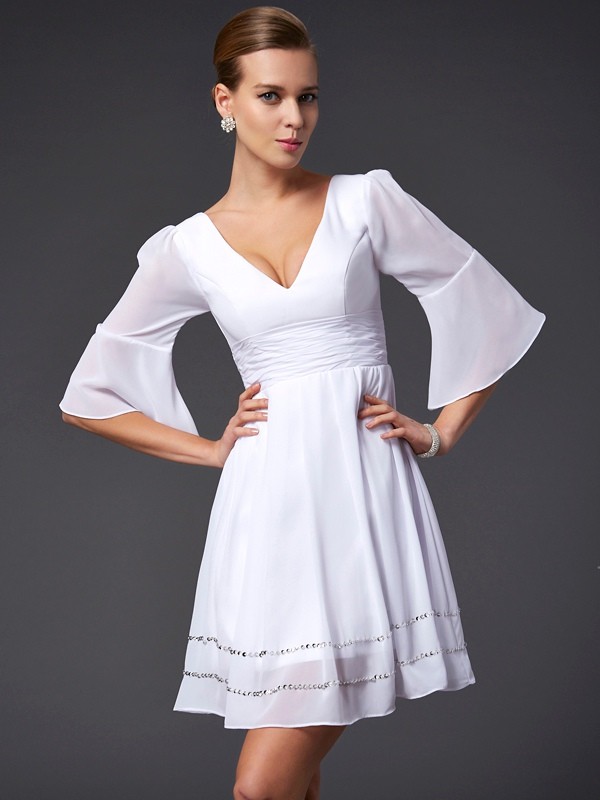 A-Line/Princess V-neck 1/2 Sleeves Beading Short Chiffon Bridesmaid Dresses 2778