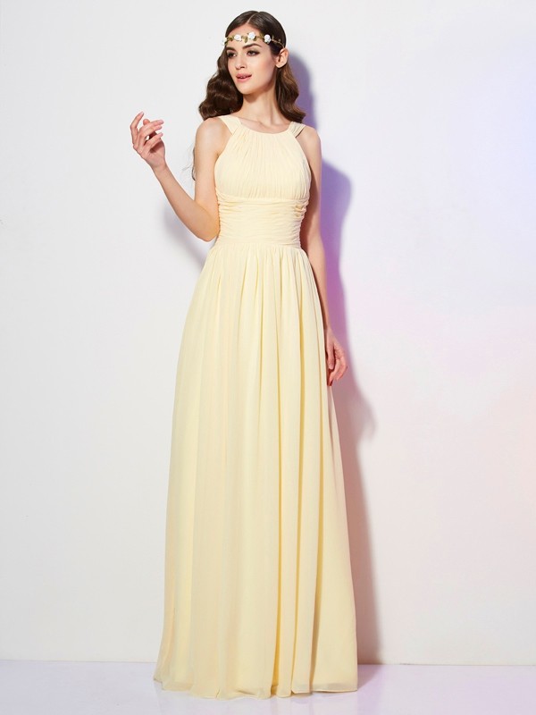 A-Line/Princess Bateau Sleeveless Pleats Long Chiffon Bridesmaid Dresses 2114