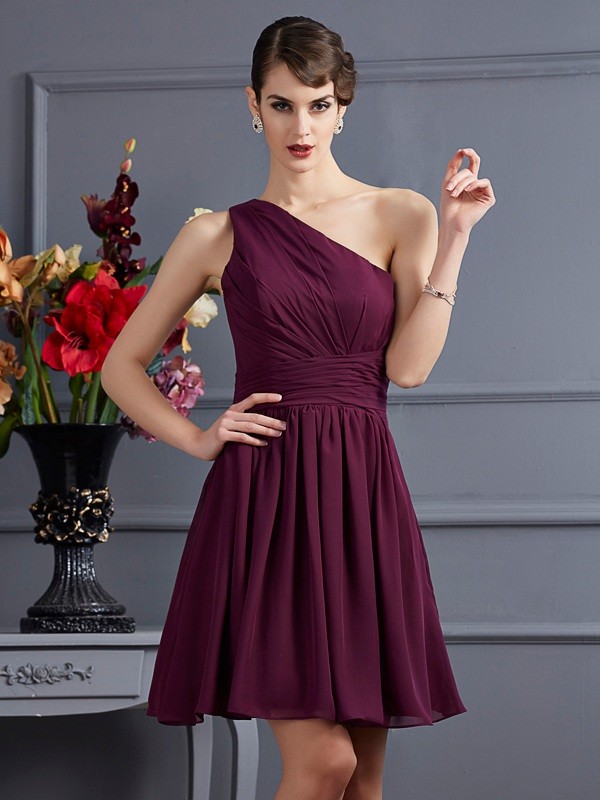 A-Line/Princess One-Shoulder Sleeveless Pleats Short Chiffon Bridesmaid Dresses 2409