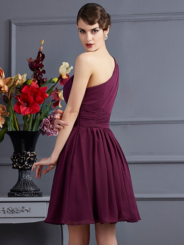 A-Line/Princess One-Shoulder Sleeveless Pleats Short Chiffon Bridesmaid Dresses 2409