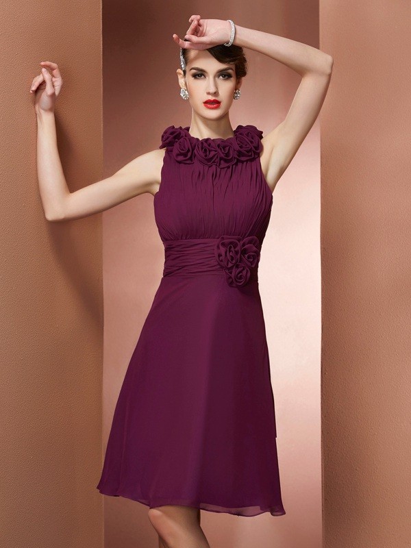 A-Line/Princess High Neck Sleeveless Hand-Made Flower Short Chiffon Bridesmaid Dresses 2316