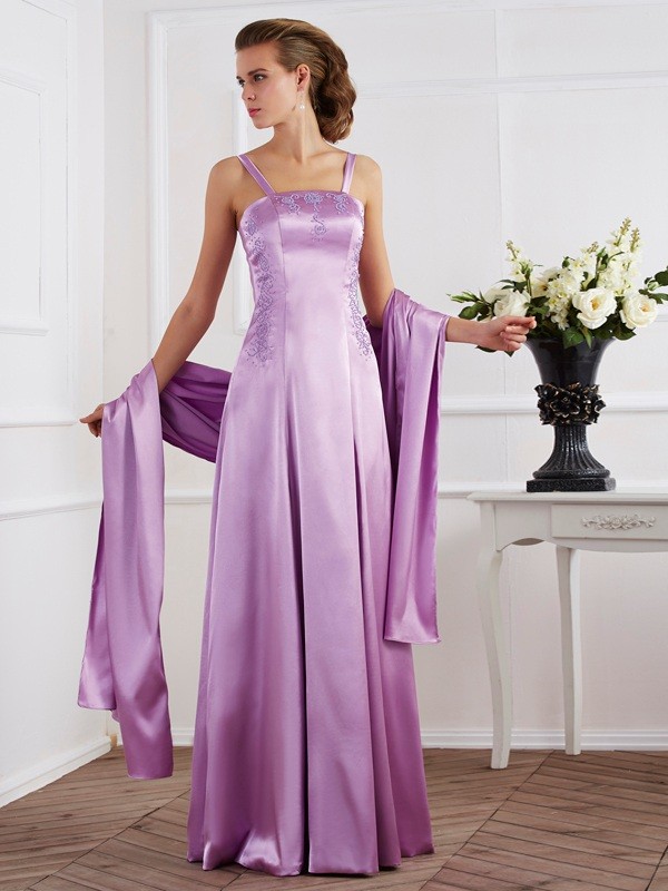 A-Line/Princess Spaghetti Straps Sleeveless Beading Long Elastic Woven Satin Mother of the Bride Dresses 2542