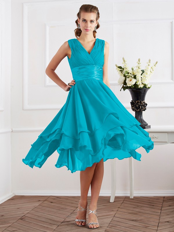 A-Line/Princess V-neck Short Sleeves Pleats Short Chiffon Bridesmaid Dresses 2819