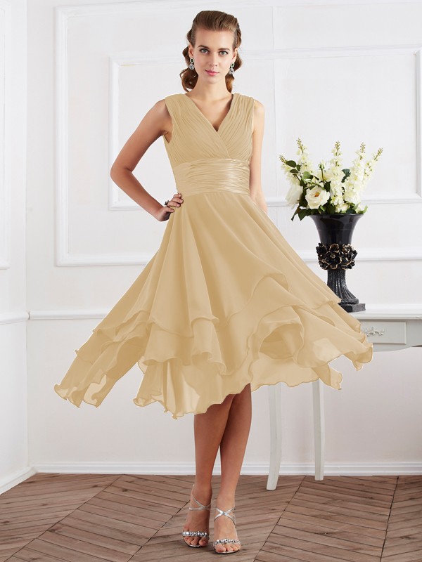 A-Line/Princess V-neck Short Sleeves Pleats Short Chiffon Bridesmaid Dresses 2819