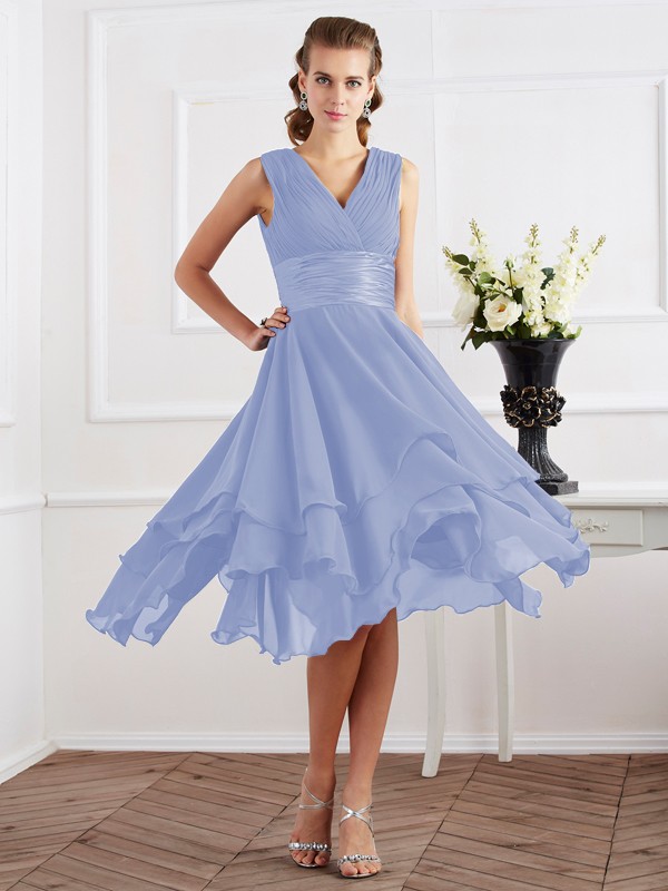 A-Line/Princess V-neck Short Sleeves Pleats Short Chiffon Bridesmaid Dresses 2819