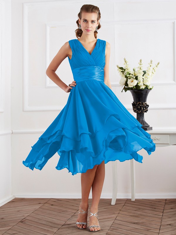 A-Line/Princess V-neck Short Sleeves Pleats Short Chiffon Bridesmaid Dresses 2819