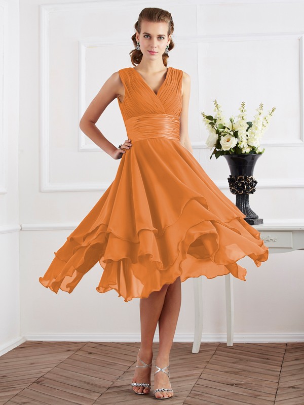 A-Line/Princess V-neck Short Sleeves Pleats Short Chiffon Bridesmaid Dresses 2819