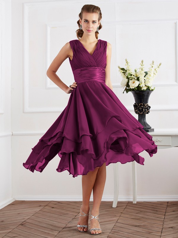 A-Line/Princess V-neck Short Sleeves Pleats Short Chiffon Bridesmaid Dresses 2819