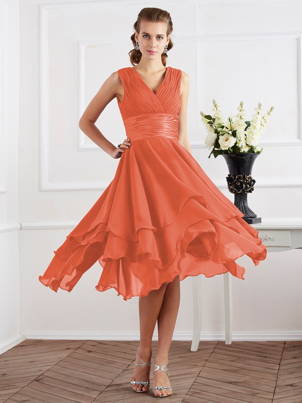 A-Line/Princess V-neck Short Sleeves Pleats Short Chiffon Bridesmaid Dresses 2819