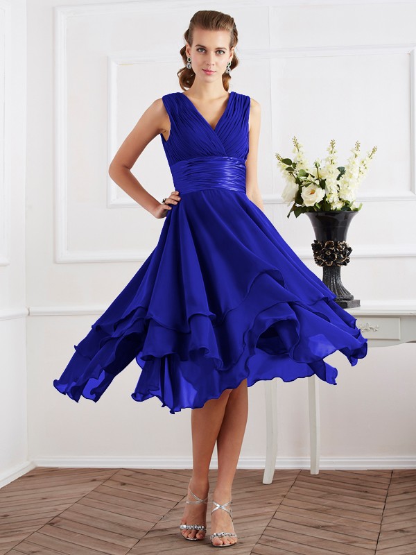 A-Line/Princess V-neck Short Sleeves Pleats Short Chiffon Bridesmaid Dresses 2819