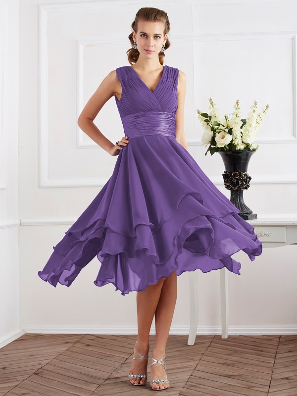 A-Line/Princess V-neck Short Sleeves Pleats Short Chiffon Bridesmaid Dresses 2819