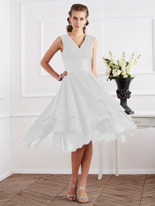 A-Line/Princess V-neck Short Sleeves Pleats Short Chiffon Bridesmaid Dresses 2819