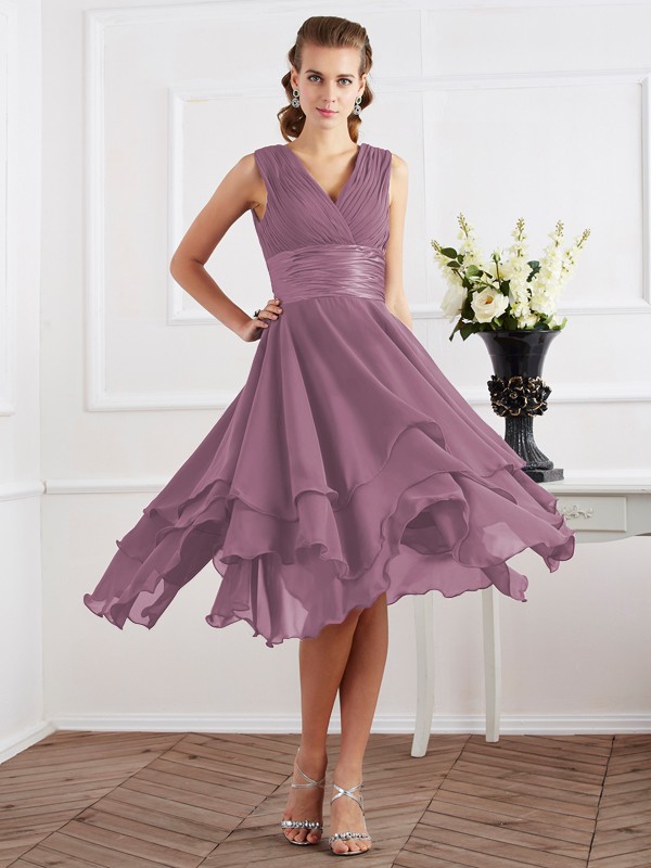 A-Line/Princess V-neck Short Sleeves Pleats Short Chiffon Bridesmaid Dresses 2819