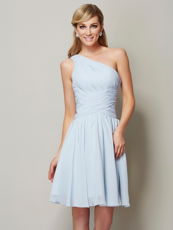 A-Line/Princess One-Shoulder Sleeveless Ruched Short Chiffon Bridesmaid Dresses 2415