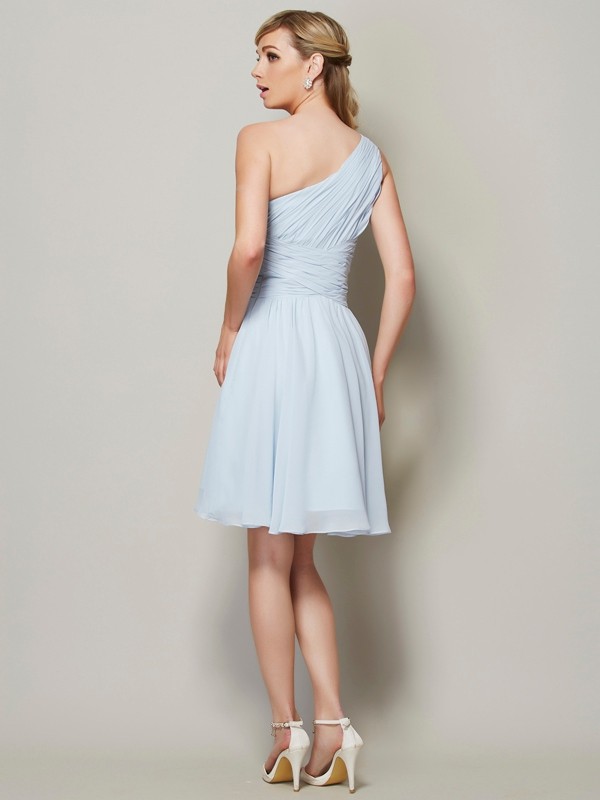 A-Line/Princess One-Shoulder Sleeveless Ruched Short Chiffon Bridesmaid Dresses 2415