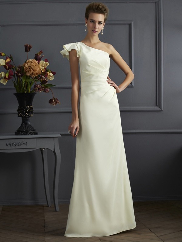 Sheath/Column One-Shoulder Sleeveless Pleats Long Elastic Woven Satin Bridesmaid Dresses 3003