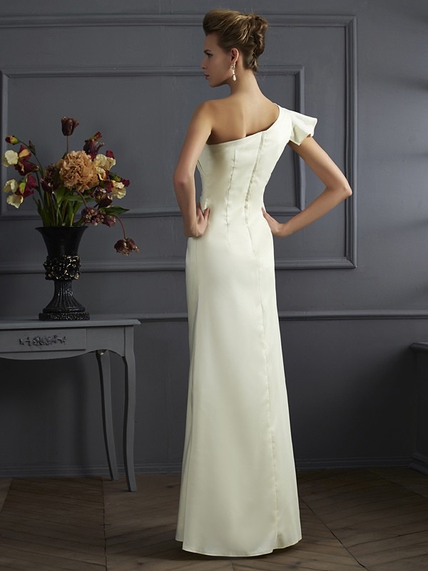 Sheath/Column One-Shoulder Sleeveless Pleats Long Elastic Woven Satin Bridesmaid Dresses 3003