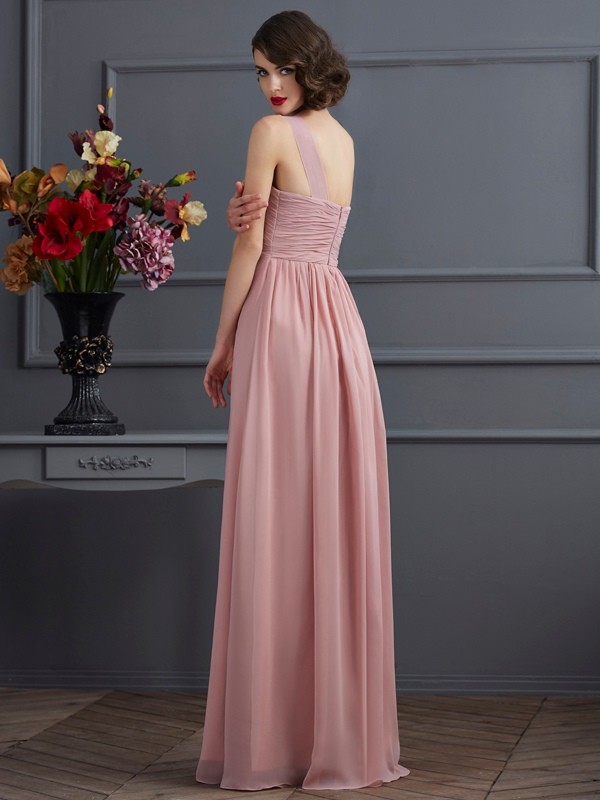 Sheath/Column One-Shoulder Sleeveless Pleats Long Chiffon Bridesmaid Dresses 3001