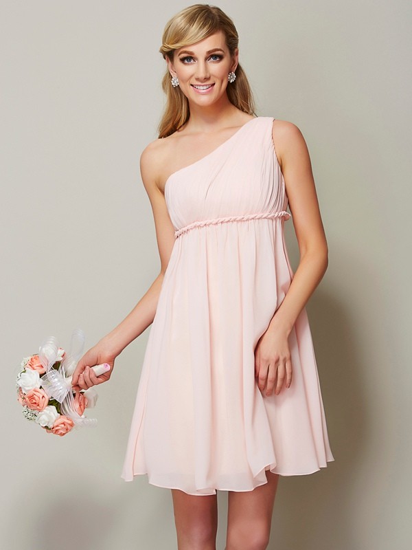 A-Line/Princess One-Shoulder Sleeveless Sash/Ribbon/Belt Short Chiffon Bridesmaid Dresses 2417