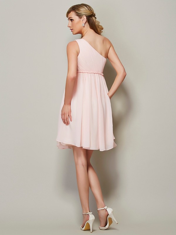 A-Line/Princess One-Shoulder Sleeveless Sash/Ribbon/Belt Short Chiffon Bridesmaid Dresses 2417