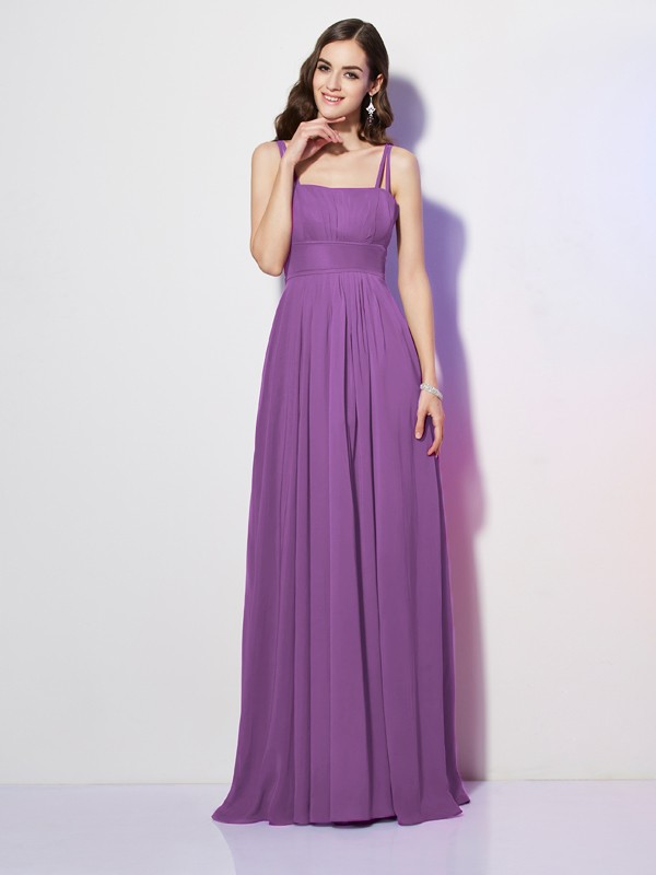 Sheath/Column Spaghetti Straps Sleeveless Pleats Long Chiffon Bridesmaid Dresses 3111