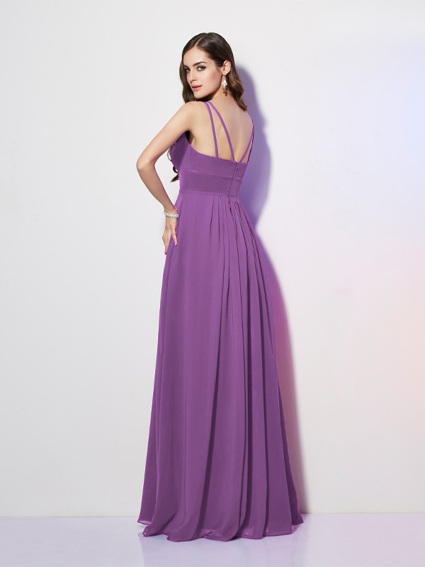 Sheath/Column Spaghetti Straps Sleeveless Pleats Long Chiffon Bridesmaid Dresses 3111