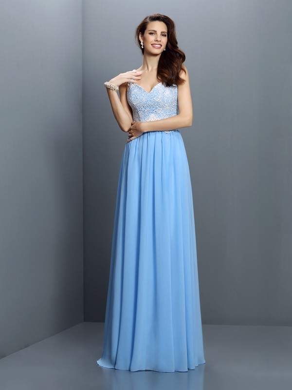 A-Line/Princess V-neck Lace Sleeveless Long Chiffon Bridesmaid Dresses 2793