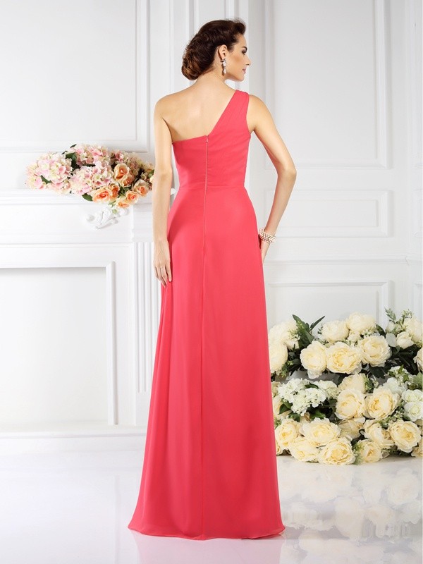 A-Line/Princess One-Shoulder Pleats Sleeveless Long Chiffon Bridesmaid Dresses 2375