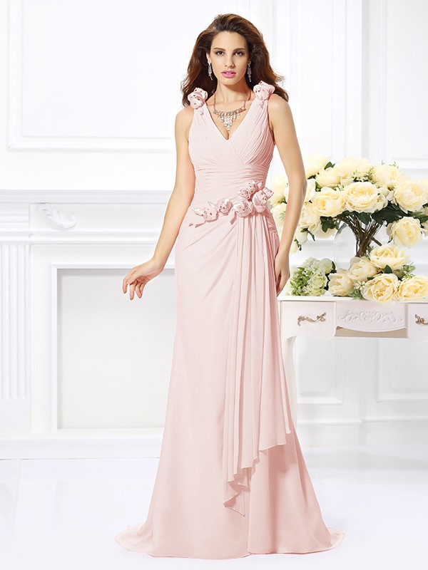 Trumpet/Mermaid V-neck Hand-Made Flower Sleeveless Long Chiffon Bridesmaid Dresses 3309