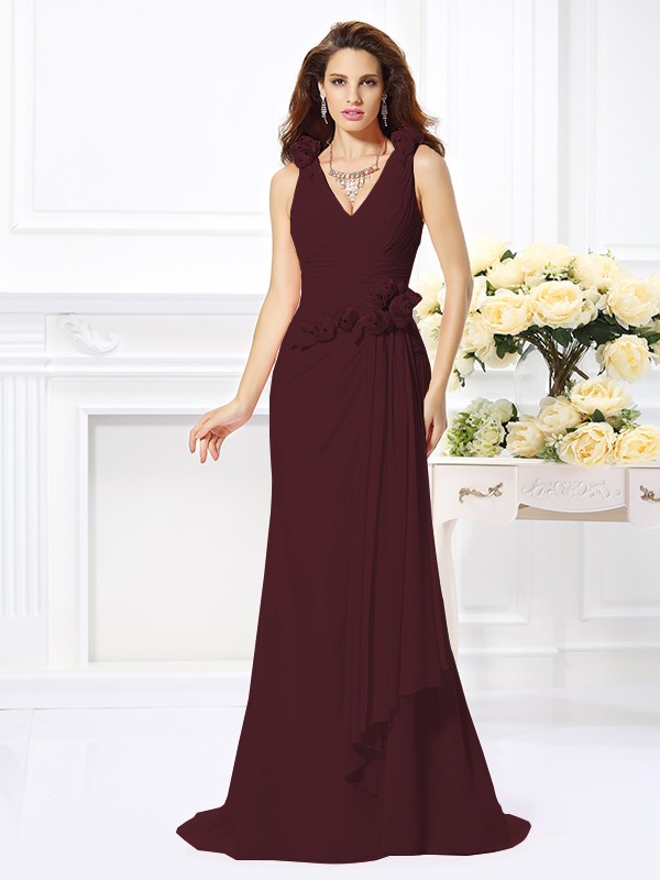 Trumpet/Mermaid V-neck Hand-Made Flower Sleeveless Long Chiffon Bridesmaid Dresses 3309