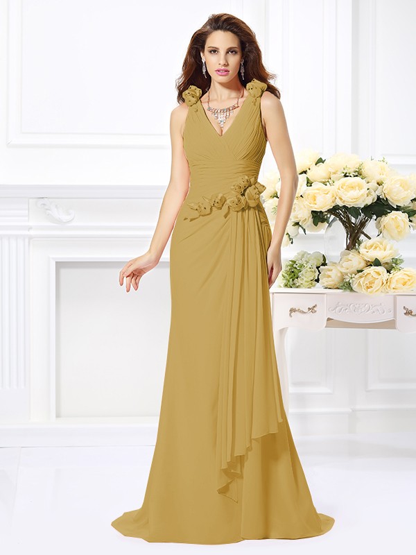 Trumpet/Mermaid V-neck Hand-Made Flower Sleeveless Long Chiffon Bridesmaid Dresses 3309