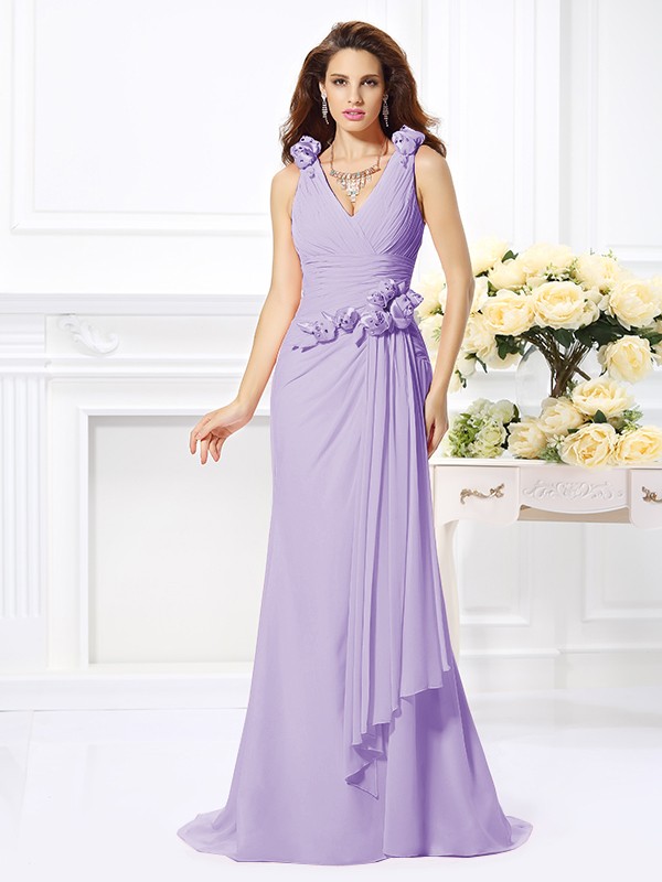 Trumpet/Mermaid V-neck Hand-Made Flower Sleeveless Long Chiffon Bridesmaid Dresses 3309