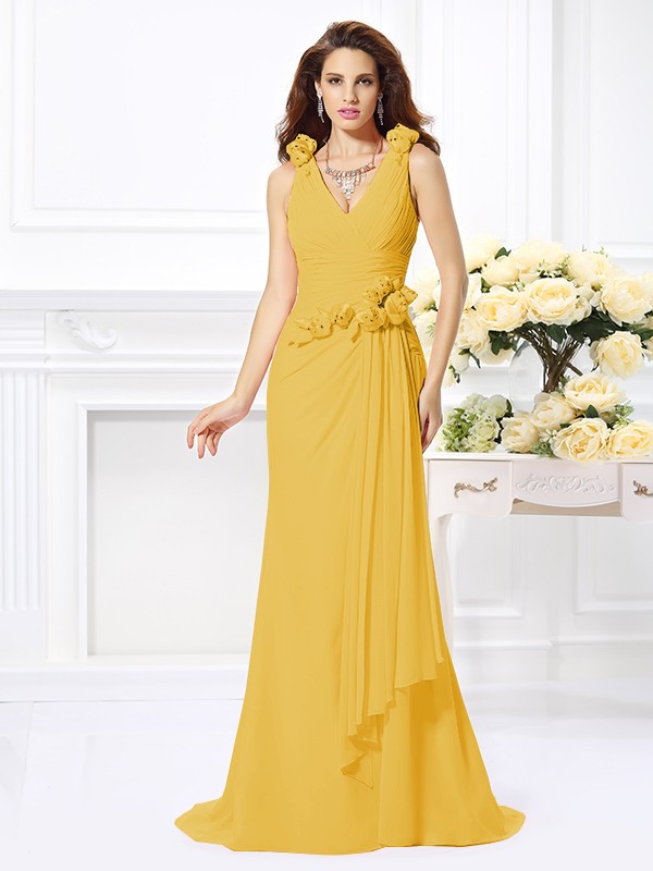 Trumpet/Mermaid V-neck Hand-Made Flower Sleeveless Long Chiffon Bridesmaid Dresses 3309