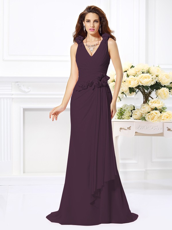 Trumpet/Mermaid V-neck Hand-Made Flower Sleeveless Long Chiffon Bridesmaid Dresses 3309