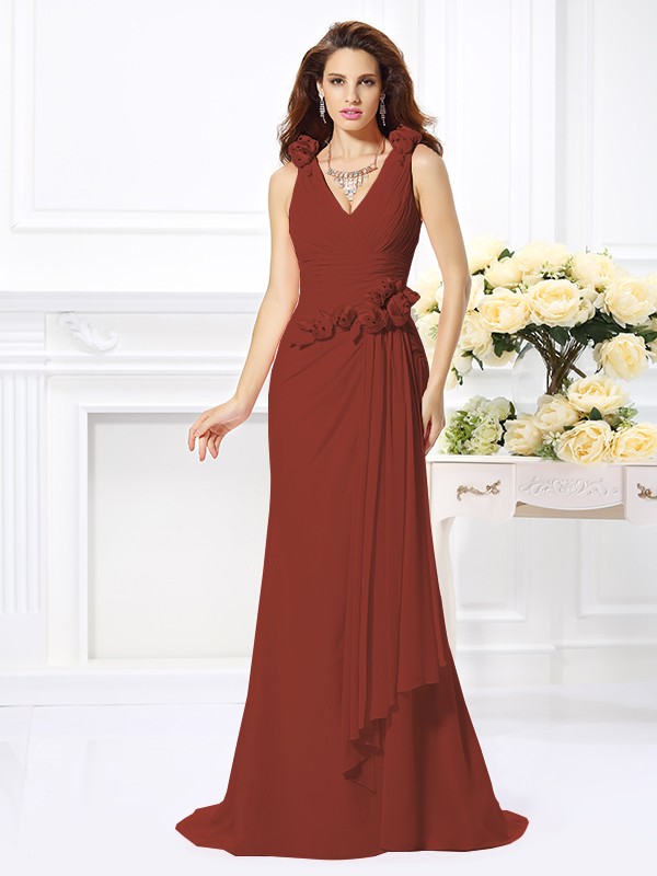 Trumpet/Mermaid V-neck Hand-Made Flower Sleeveless Long Chiffon Bridesmaid Dresses 3309