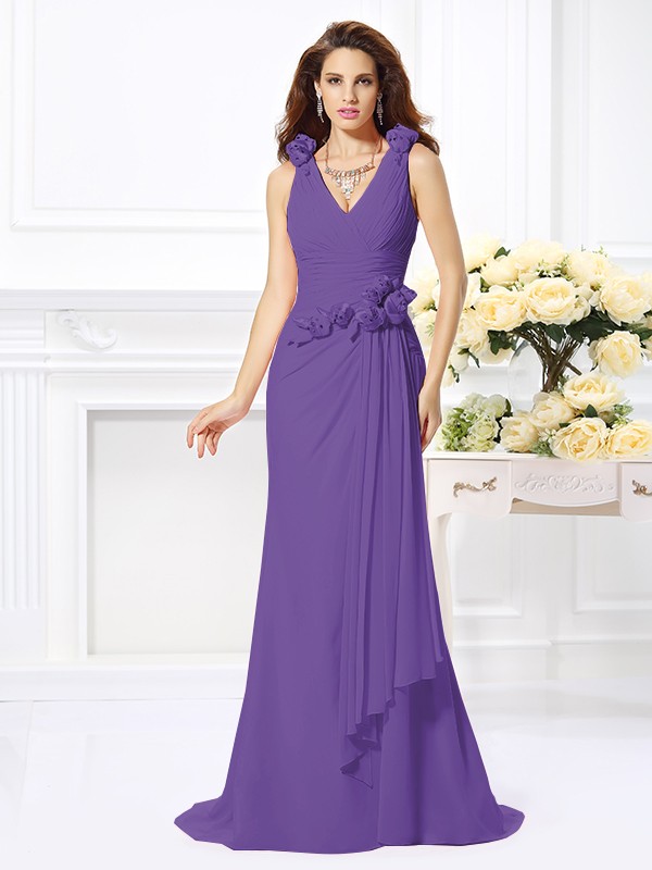 Trumpet/Mermaid V-neck Hand-Made Flower Sleeveless Long Chiffon Bridesmaid Dresses 3309