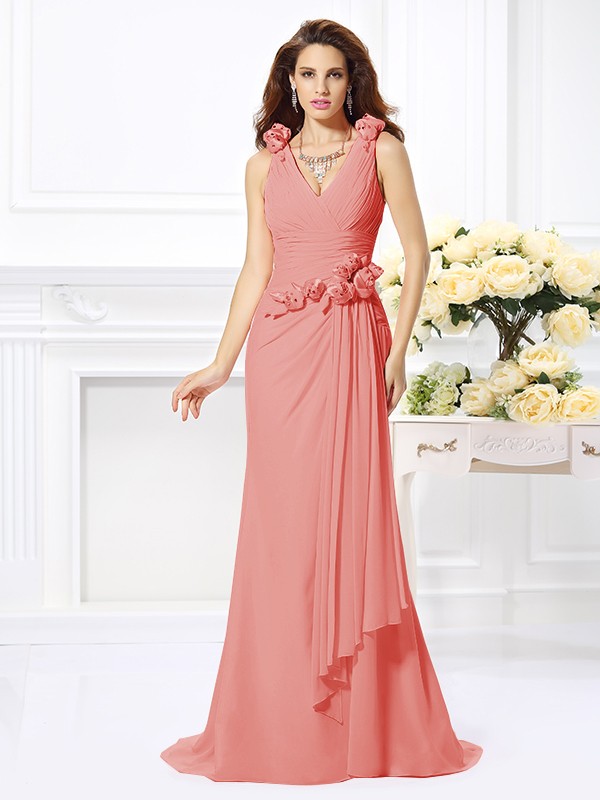 Trumpet/Mermaid V-neck Hand-Made Flower Sleeveless Long Chiffon Bridesmaid Dresses 3309