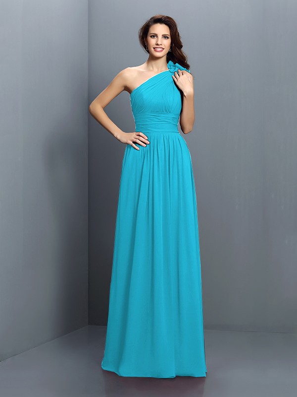 A-Line/Princess One-Shoulder Pleats Sleeveless Long Chiffon Bridesmaid Dresses 2376